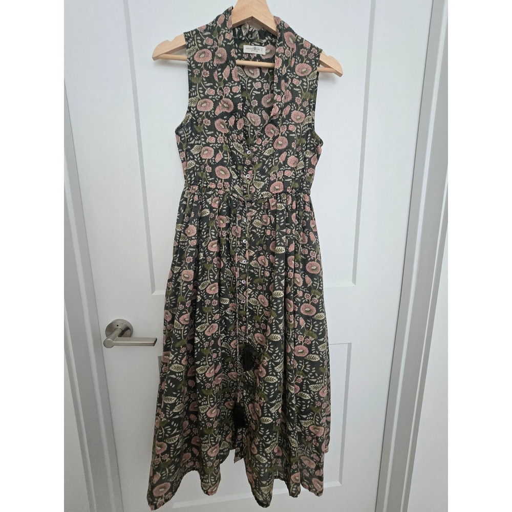 Natural Life Floral Cotton Midi Dress Sleeveless Button Front Green Pink Small - Picture 3 of 11